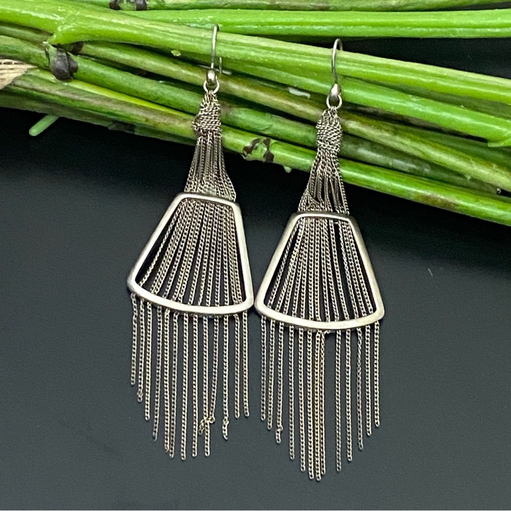 Vintage KCR Signed Silver-tone Fringe Chain Chandelier Earrings 14g